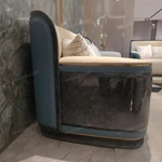 Modern Luxury Sofa Set with High-Gloss Natural Burl Wood Veneer, Gold Stainless Steel Trim & Dual-Tone Upholstery